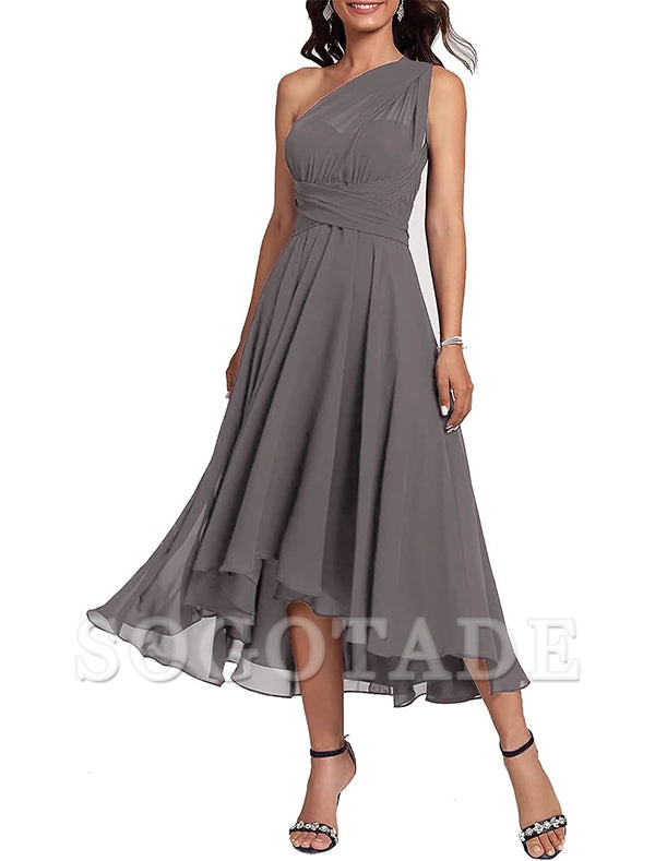 A-Line Blue Wedding Guest Dresses Convertible Infinity Mother Dress Formal Tea Length Sleeveless One Shoulder Chiffon with Ruched-SOGOTADE