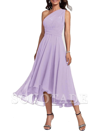A-Line Blue Wedding Guest Dresses Convertible Infinity Mother Dress Formal Tea Length Sleeveless One Shoulder Chiffon with Ruched-SOGOTADE