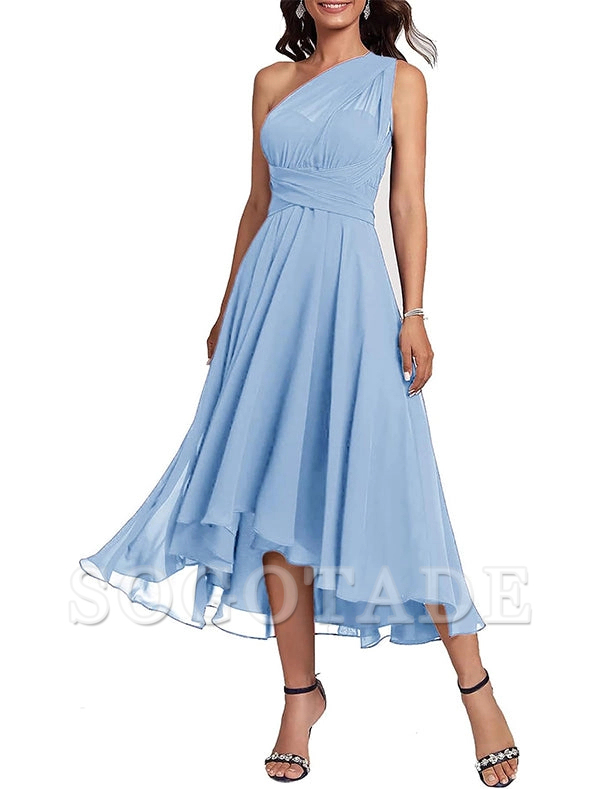 A-Line Blue Wedding Guest Dresses Convertible Infinity Mother Dress Formal Tea Length Sleeveless One Shoulder Chiffon with Ruched-SOGOTADE