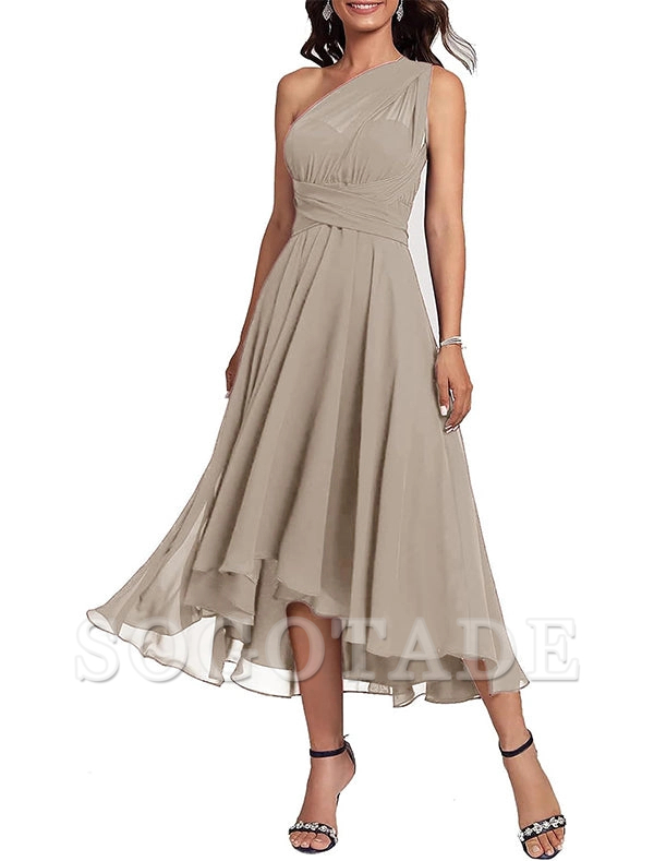 A-Line Blue Wedding Guest Dresses Convertible Infinity Mother Dress Formal Tea Length Sleeveless One Shoulder Chiffon with Ruched-SOGOTADE