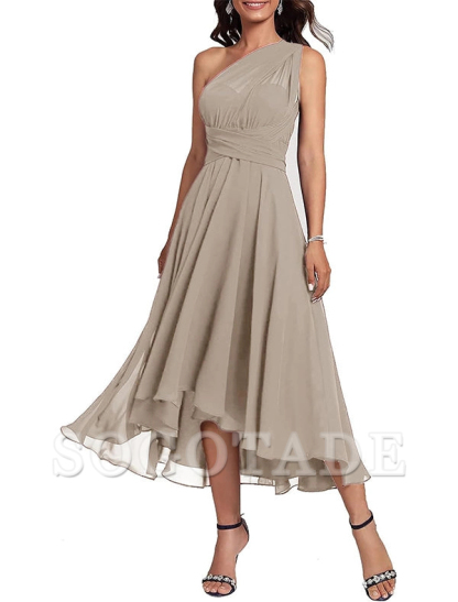 A-Line Blue Wedding Guest Dresses Convertible Infinity Mother Dress Formal Tea Length Sleeveless One Shoulder Chiffon with Ruched-SOGOTADE