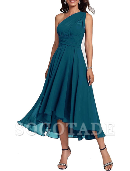 A-Line Blue Wedding Guest Dresses Convertible Infinity Mother Dress Formal Tea Length Sleeveless One Shoulder Chiffon with Ruched-SOGOTADE
