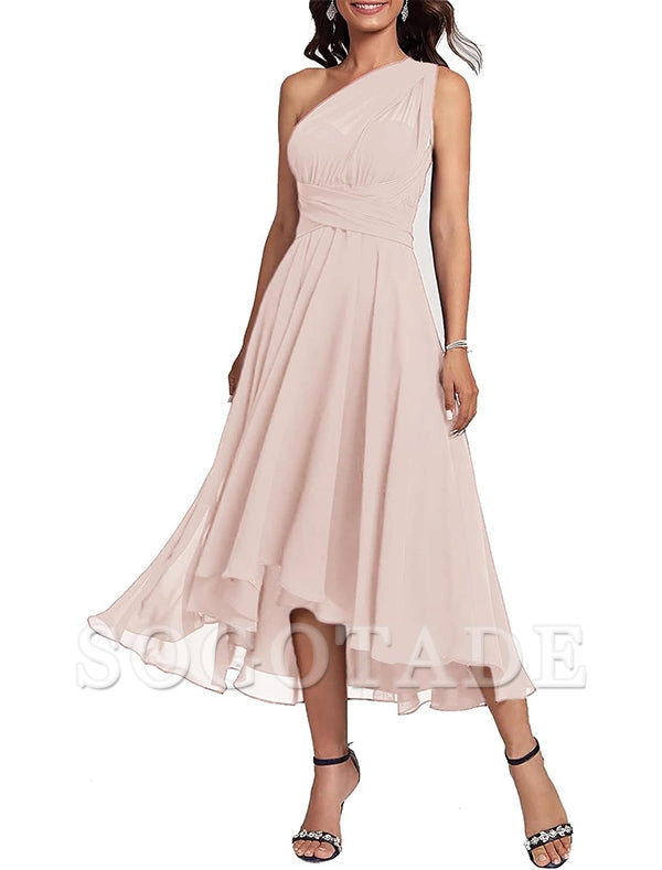 A-Line Blue Wedding Guest Dresses Convertible Infinity Mother Dress Formal Tea Length Sleeveless One Shoulder Chiffon with Ruched-SOGOTADE