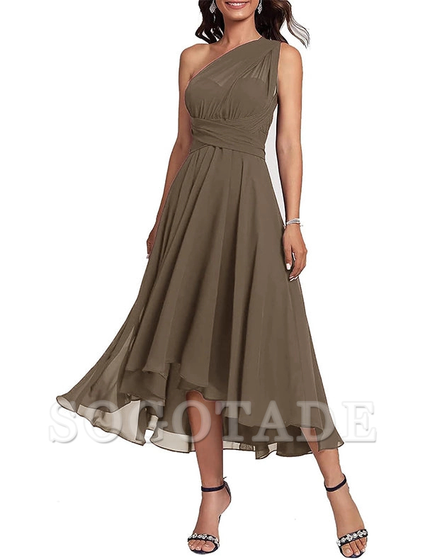 A-Line Blue Wedding Guest Dresses Convertible Infinity Mother Dress Formal Tea Length Sleeveless One Shoulder Chiffon with Ruched-SOGOTADE