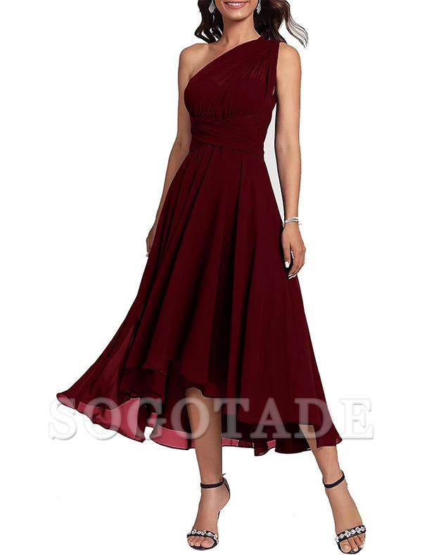 A-Line Blue Wedding Guest Dresses Convertible Infinity Mother Dress Formal Tea Length Sleeveless One Shoulder Chiffon with Ruched-SOGOTADE