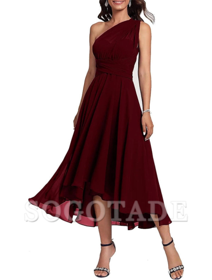 A-Line Blue Wedding Guest Dresses Convertible Infinity Mother Dress Formal Tea Length Sleeveless One Shoulder Chiffon with Ruched-SOGOTADE