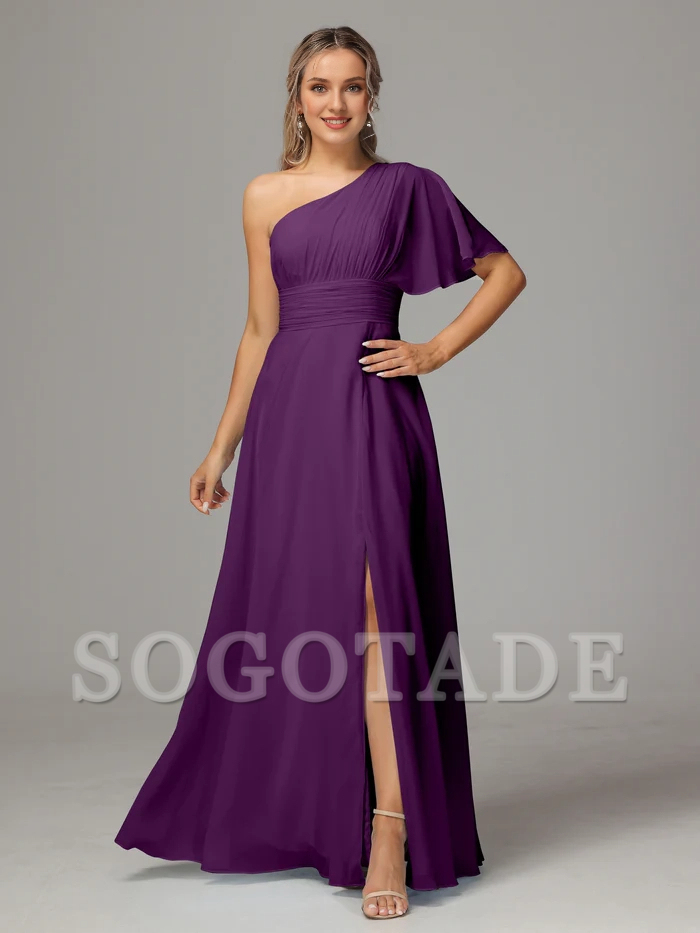 A shoulder slit chiffon bridesmaid dress-SOGOTADE