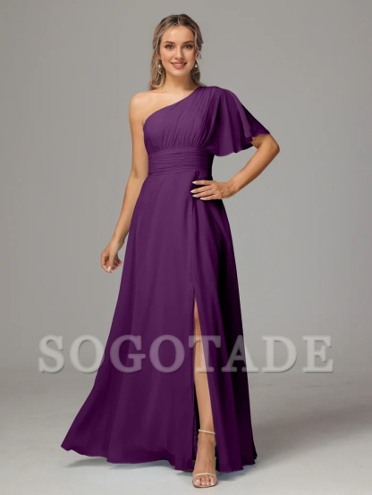 A shoulder slit chiffon bridesmaid dress-SOGOTADE