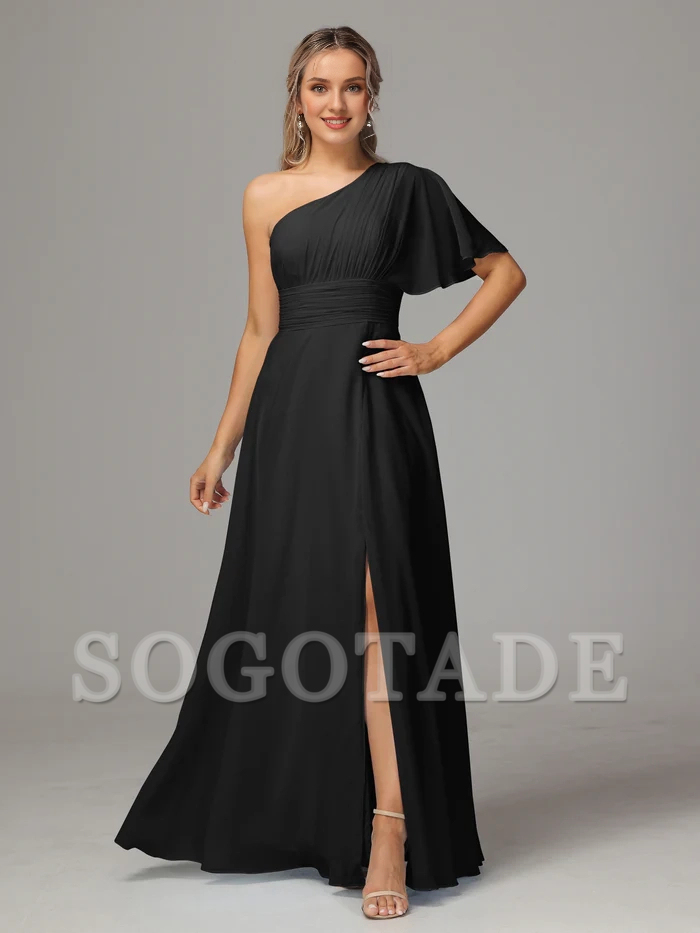 A shoulder slit chiffon bridesmaid dress-SOGOTADE