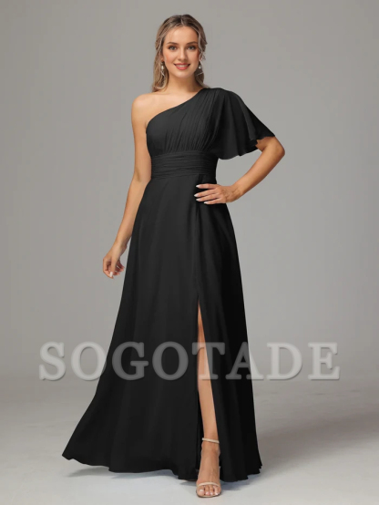 A shoulder slit chiffon bridesmaid dress-SOGOTADE