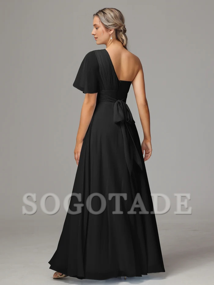 A shoulder slit chiffon bridesmaid dress-SOGOTADE
