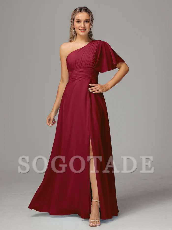 A shoulder slit chiffon bridesmaid dress-SOGOTADE