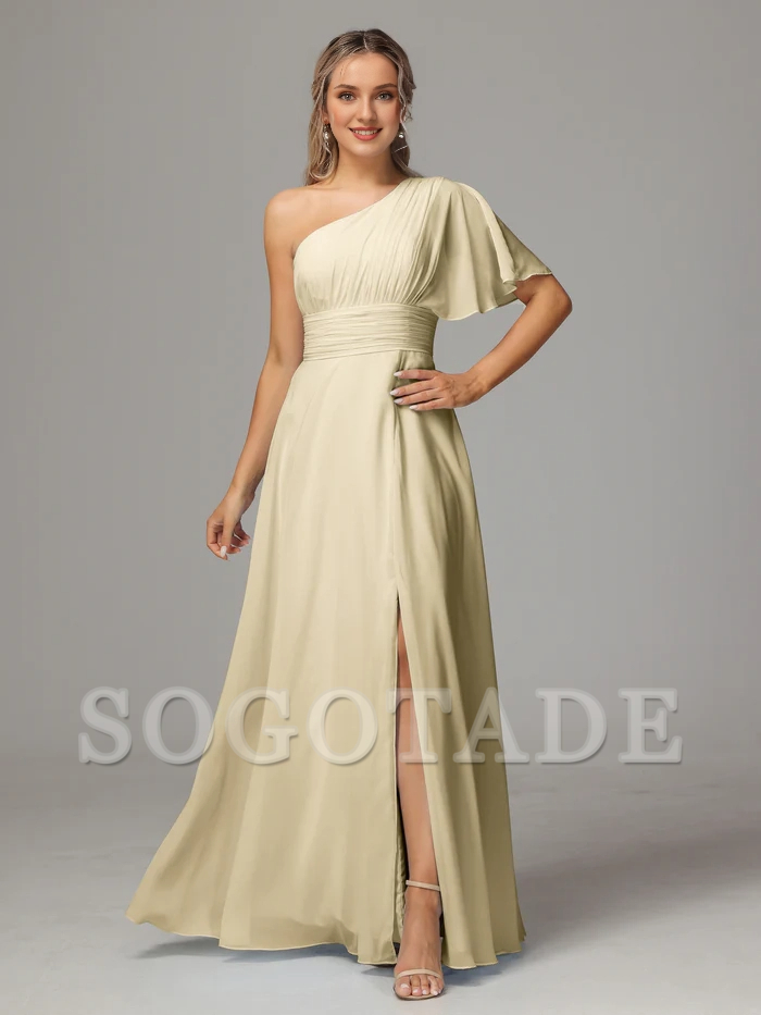 A shoulder slit chiffon bridesmaid dress-SOGOTADE