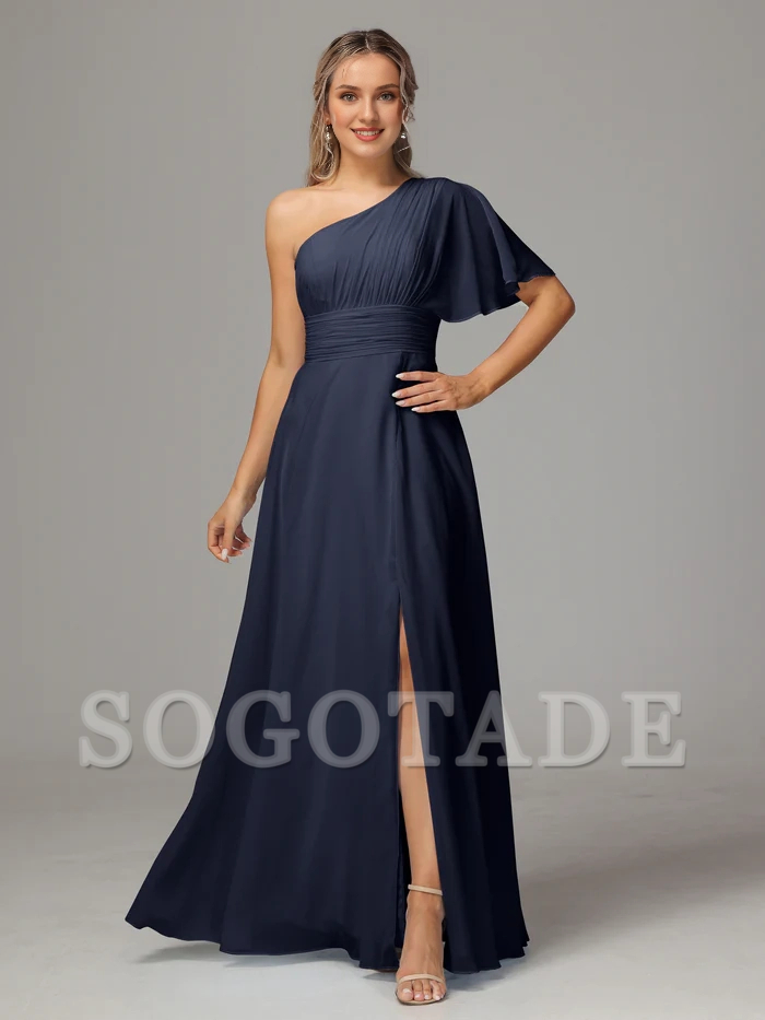 A shoulder slit chiffon bridesmaid dress-SOGOTADE