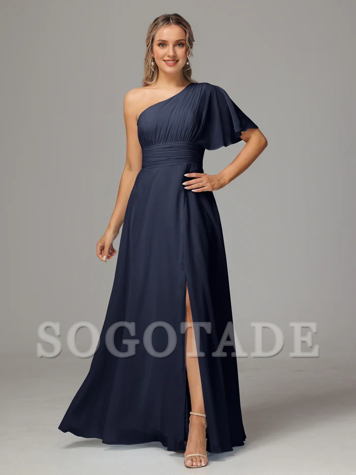 A shoulder slit chiffon bridesmaid dress-SOGOTADE