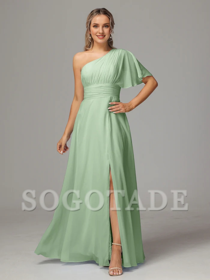 A shoulder slit chiffon bridesmaid dress-SOGOTADE