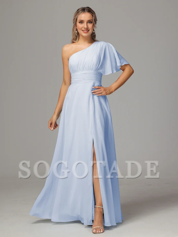 One shoulder and floor length chiffon bridesmaid dress