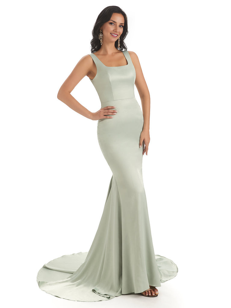 Soft Satin Unique Square Neckline Maxi Long Mermaid Bridesmaid Dresses
