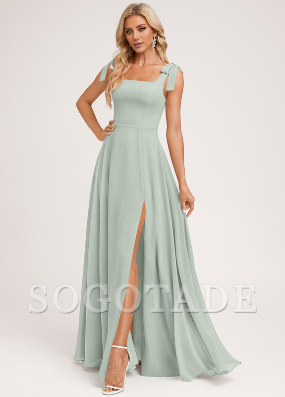 A-shaped square bow landing chiffon bridesmaid dress
