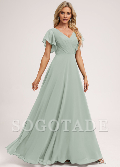 Ruffle A-line V-neck and floor chiffon bridesmaid dress