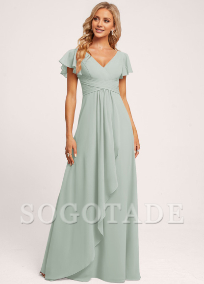 Ruffle A-line V-neck and floor chiffon bridesmaid dress