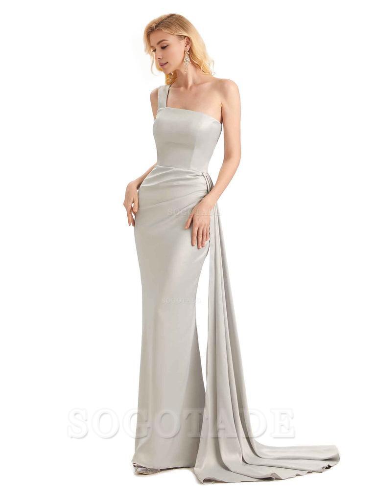 Elegant One Shoulder Soft Satin Mermaid Unique Long Bridesmaid Dresses Charming Evening Party Dress