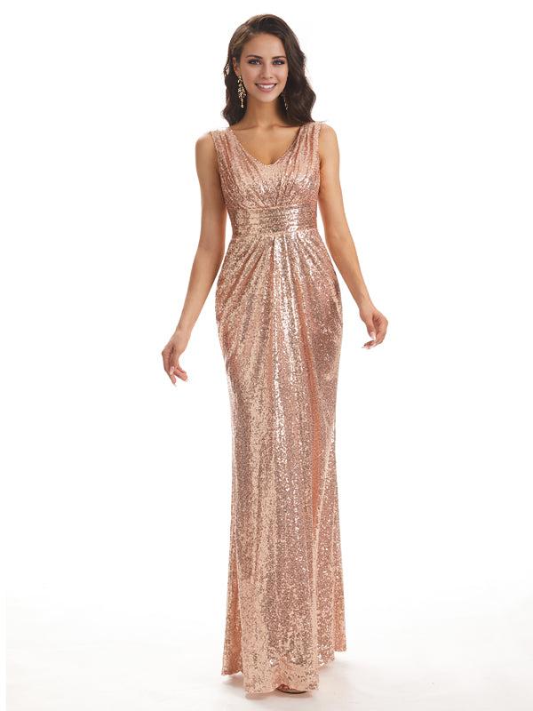 Sparkly V-Neck Sequin Long Mermaid Bridesmaid Dresses Sleeveless Charming Evening Party Dress