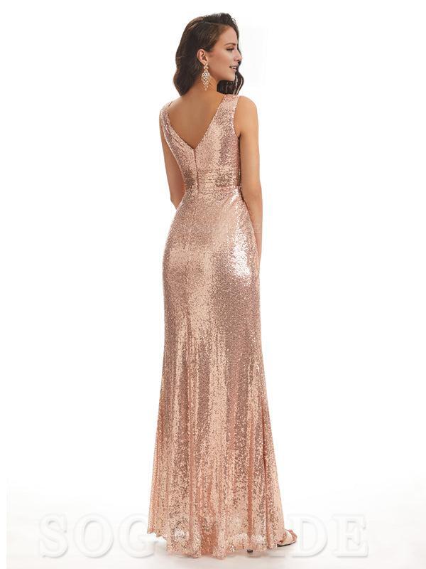 Sparkly V-Neck Sequin Long Mermaid Bridesmaid Dresses Sleeveless Charming Evening Party Dress