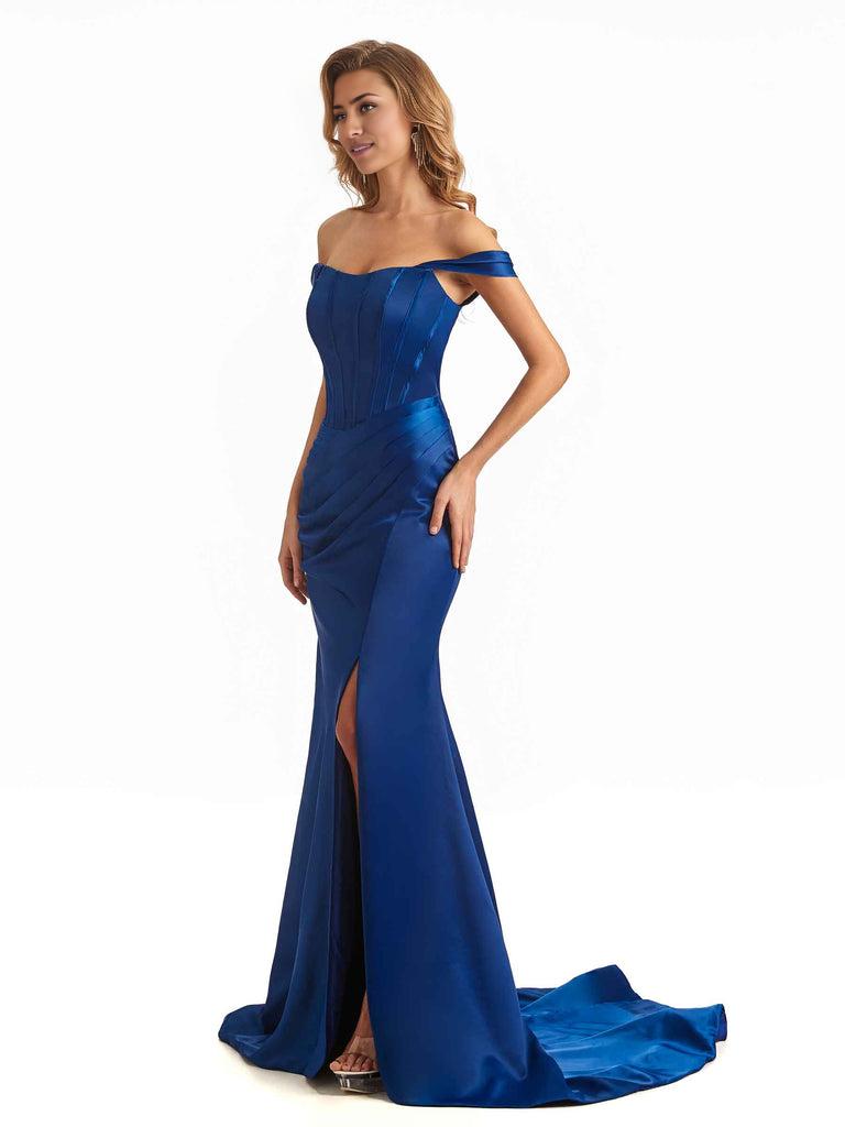 Sexy Long Mermaid Bridesmaid Dresses Off The Shoulder with Side Slit Satin Elegant Evening Party Dress 