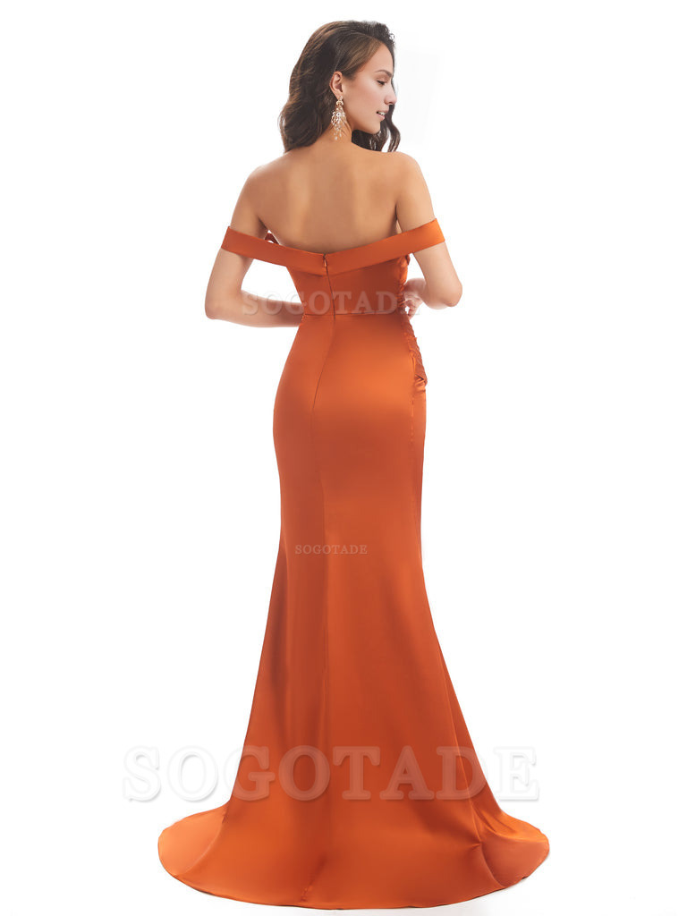 Sexy Side Slit Unique Off The Shoulder Mermaid Satin Long Bridesmaid Dresses