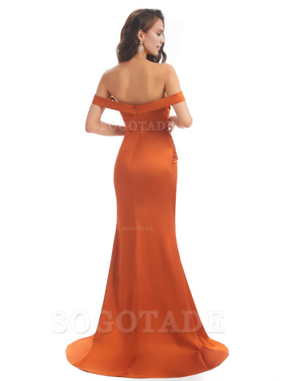 Sexy Side Slit Unique Off The Shoulder Mermaid Satin Long Bridesmaid Dresses