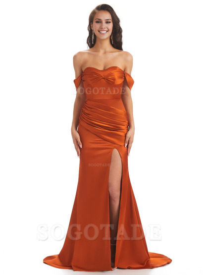 Sexy Side Slit Unique Off The Shoulder Mermaid Satin Long Bridesmaid Dresses