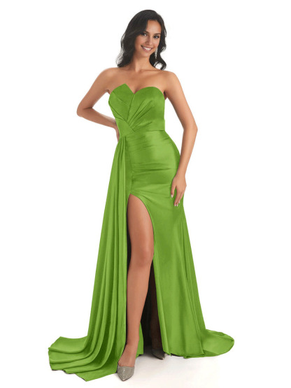 Asymmetric Neckline Mermaid Satin Side Slit Floor-Length Maxi Mermaid Bridesmaid Dresses