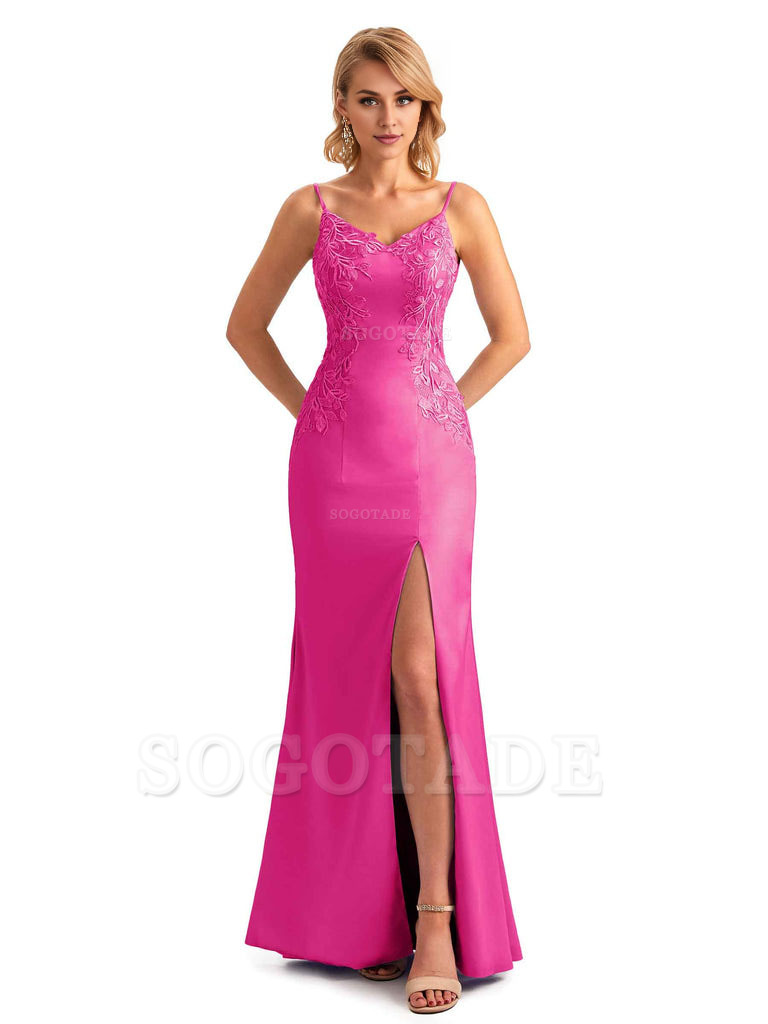Sexy Side Split Mermaid Spaghetti Straps Soft Satin Unique Lace Long Bridesmaid Dresses