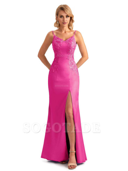 Sexy Side Split Mermaid Spaghetti Straps Soft Satin Unique Lace Long Bridesmaid Dresses