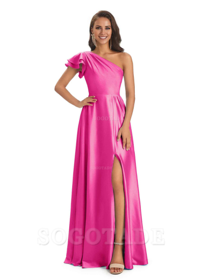 A-Line One Shoulder Ladies Long Bridesmaid Dresses Soft Satin Side Slit Elegant Evening Party Dress