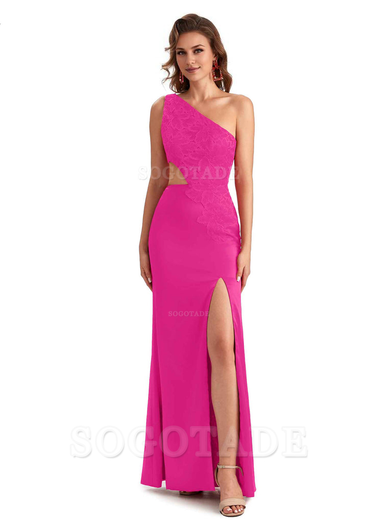 Sexy Side Slit Mermaid Lace Silky Satin One Shoulder Chic Long Bridesmaid Dresses