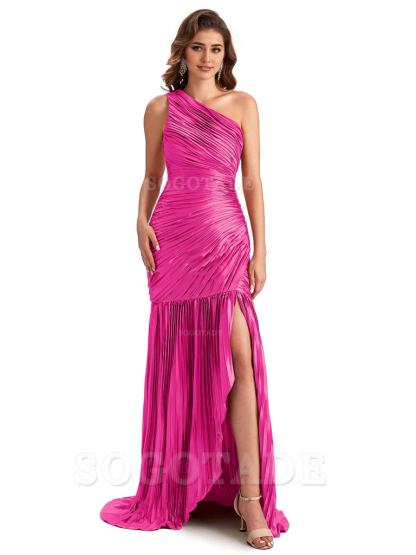 Sexy Side Slit Mermaid Soft Satin One Shoulder Long Ladies Bridesmaid Dresses Online