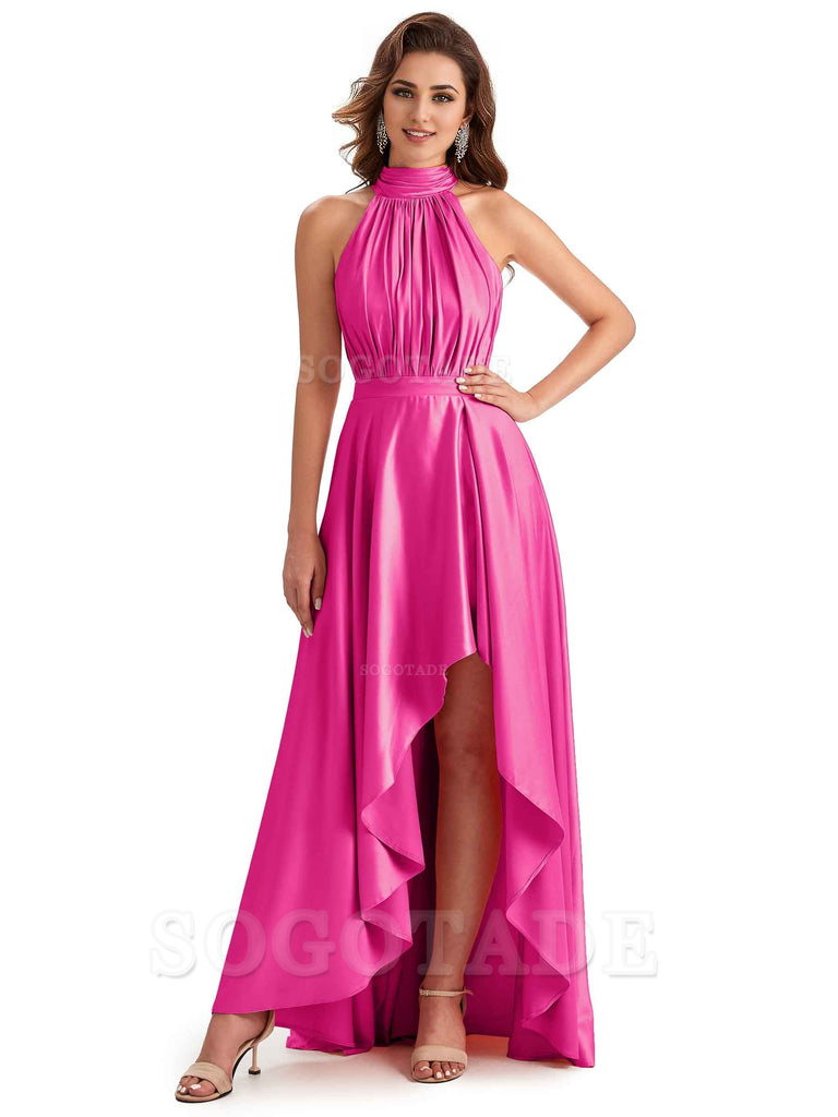 Soft Satin High Neck High Low A-Line Unique Bridesmaid Dresses Online