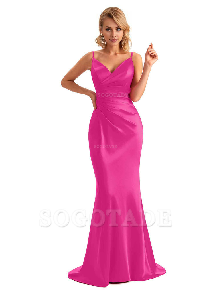  Sexy Backless Mermaid Spaghetti Straps Unique Long Formal Satin Dress For Women