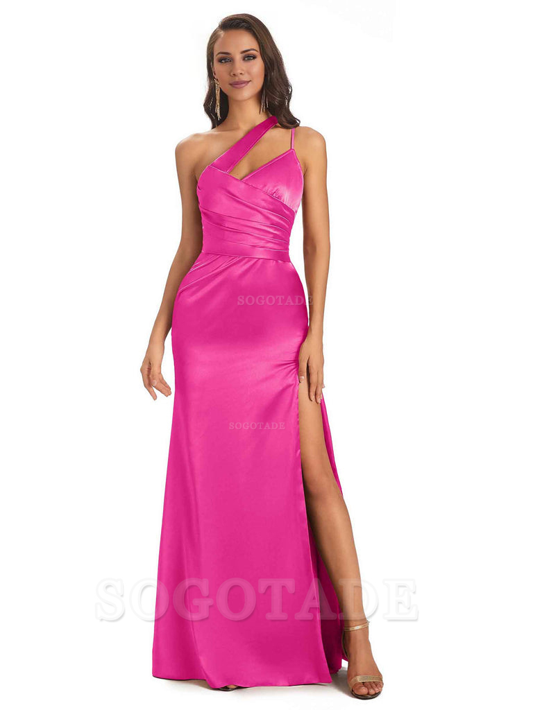 Elegant Soft Satin Side Slit One Shoulder Floor-Length Maxi Bridesmaid Dresses Evening Party Dress