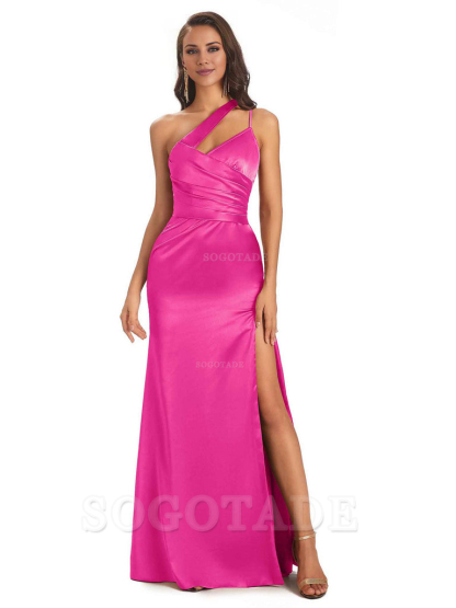 Elegant Soft Satin Side Slit One Shoulder Floor-Length Maxi Bridesmaid Dresses Evening Party Dress