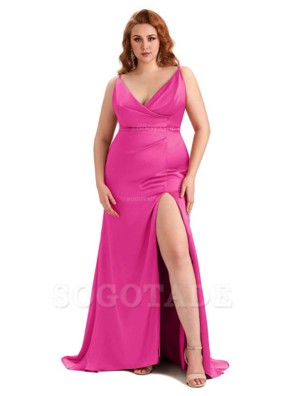 Sexy Side Slit Spaghetti Straps Mermaid Soft Satin Fashion Bridesmaid Dresses