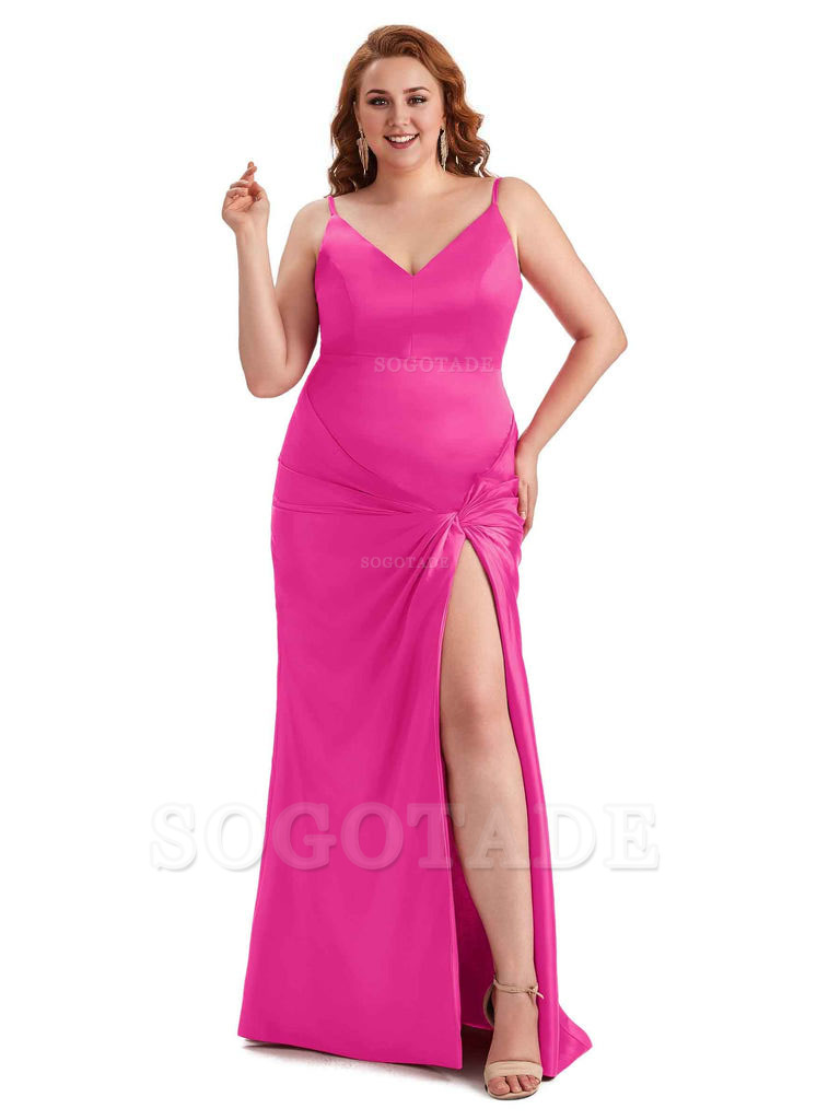 Sexy Spaghetti Straps V-neck Side Slit Mermaid Soft Satin Long Plus Size Bridesmaid Dress