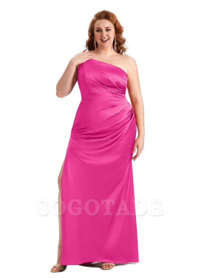 Sexy Side Slit One Shoulder Mermaid Soft Satin Long Plus Size Maid of Honour Dresses