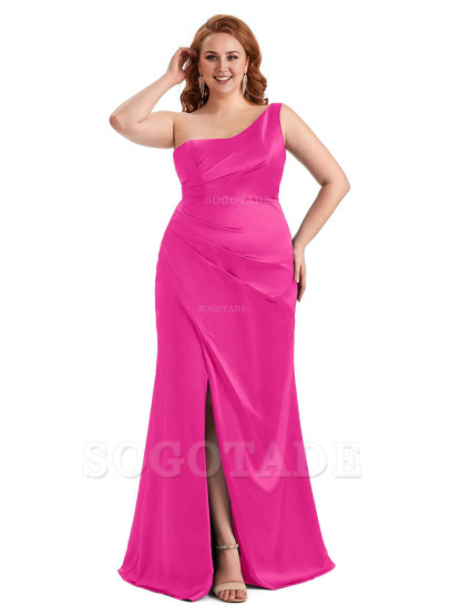 Sexy Side Slit One Shoulder Mermaid Long Plus Size Satin Maxi Dresses