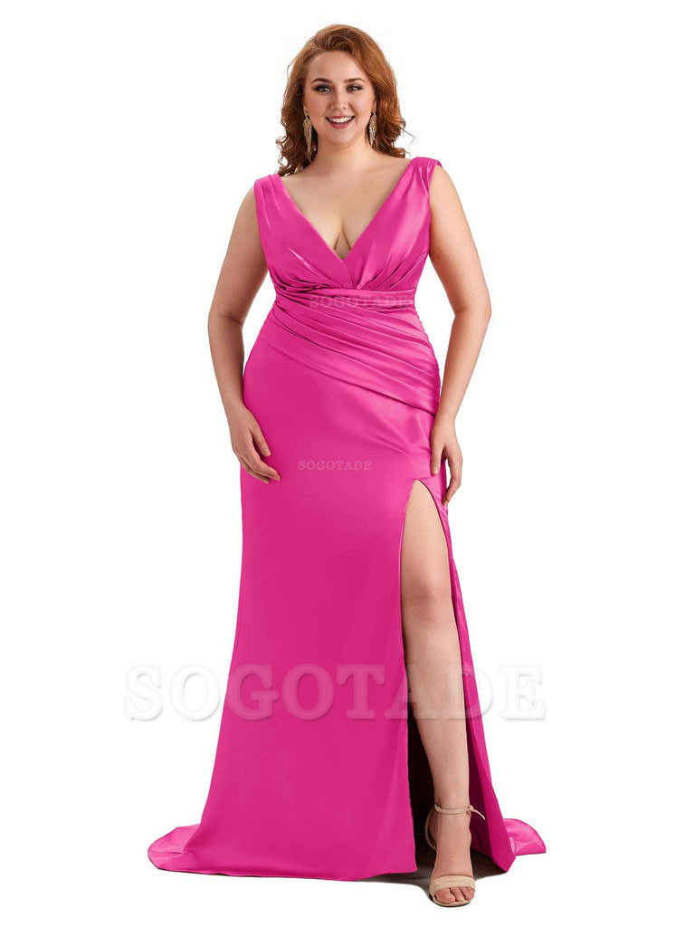 Elegant V-neck Side Slit Mermaid Soft Satin Long Plus Size Bridesmaid Dress For Wedding