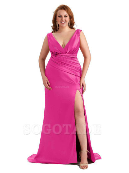 Elegant V-neck Side Slit Mermaid Soft Satin Long Plus Size Bridesmaid Dress For Wedding