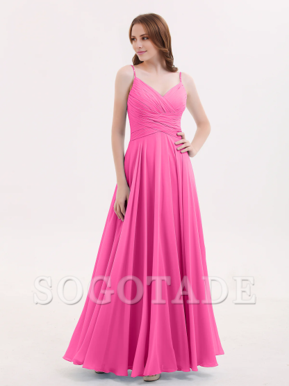 V-neck Fine Shoulder Strap Floor Length Chiffon Bridesmaid Dresses Online