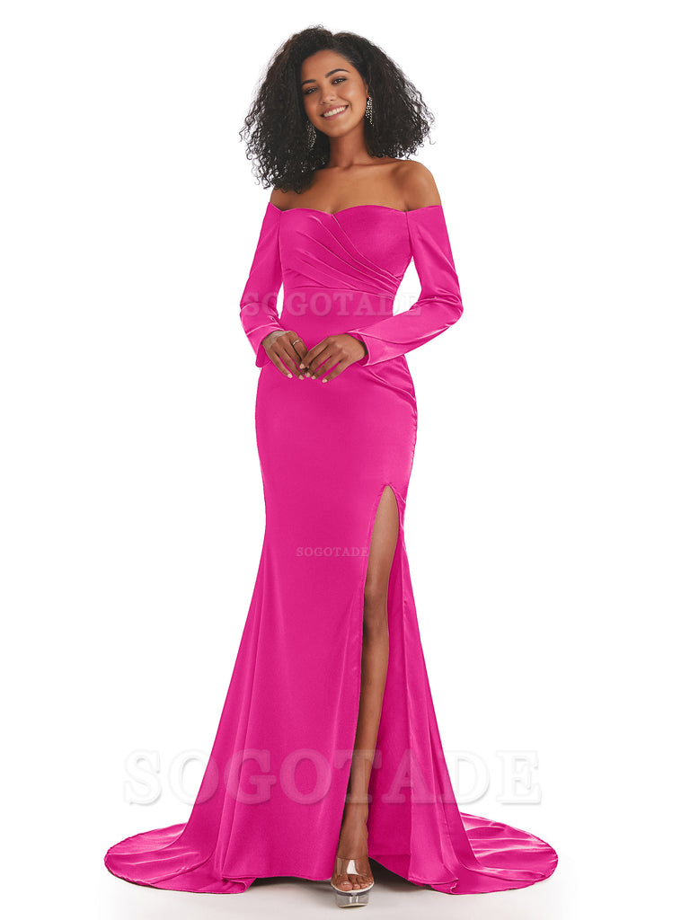 Mermaid Long Sleeve Satin formal dresses evening gown Bridesmaid Dresses With Side Slit 